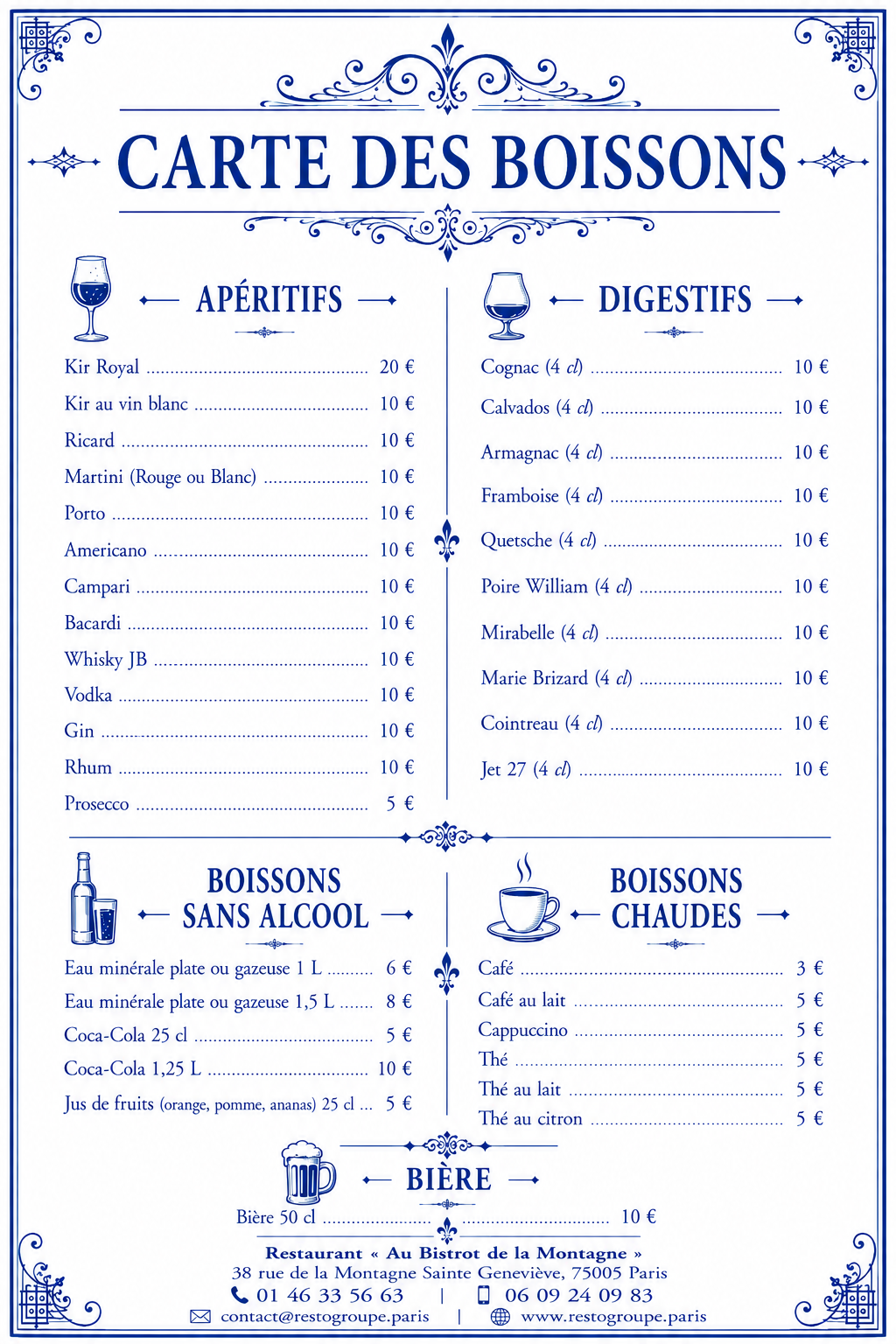 Carte des boissons du restaurant groupe Paris 5e Au Bistrot de la Montagne