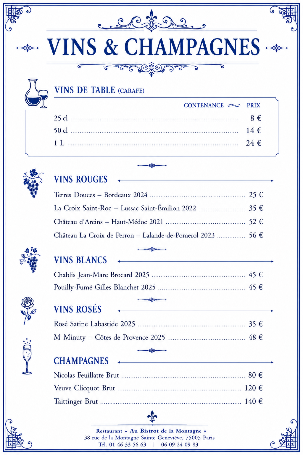Carte vins et champagnes du restaurant pour groupes Au Bistrot de la Montagne - Paris